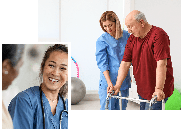 A healthcare worker assists an elderly man with a walker, while another healthcare worker observes and provides support. An inset shows a smiling female nurse in blue scrubs talking to a patient.