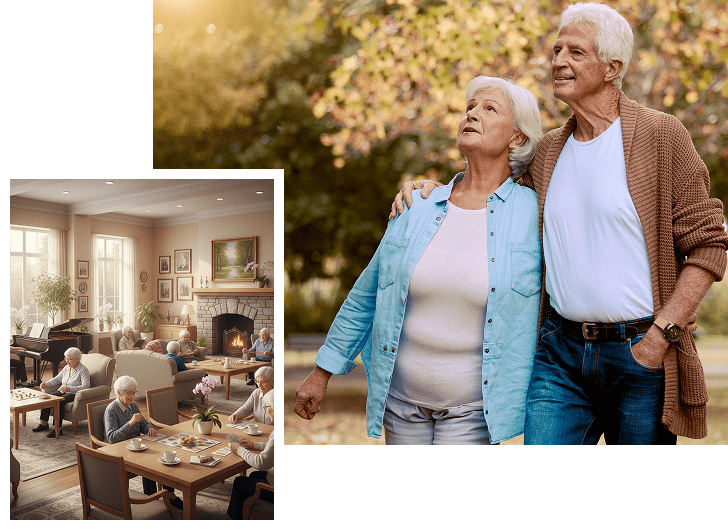 An elderly couple walks outdoors in autumn, smiling and enjoying each other's company. In a smaller inset, seniors are sitting in a cozy, well-lit common room with large windows, some reading, chatting, or using devices, with a fireplace and comfortable furniture.