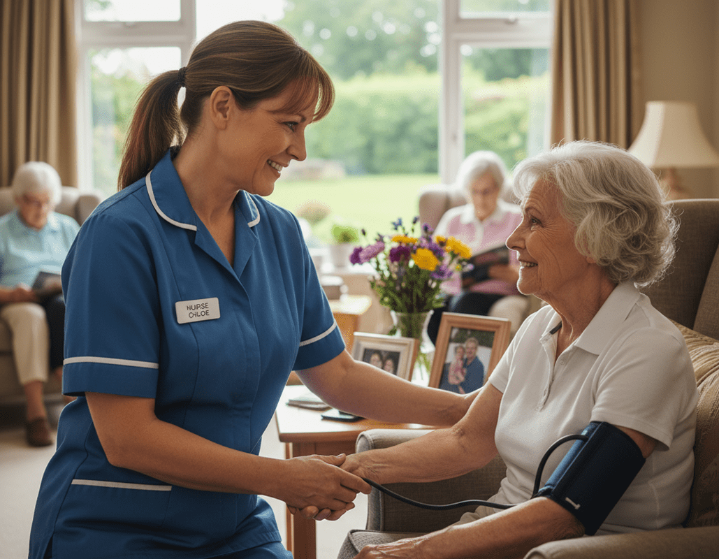 A nurse in a blue uniform greets and holds the hand of an elderly woman with gray hair, sitting in a living room of an assisted living center. The woman is smiling and has a blood pressure cuff on her arm. In the background, other elderly residents are seated, with a window showing greenery outside.