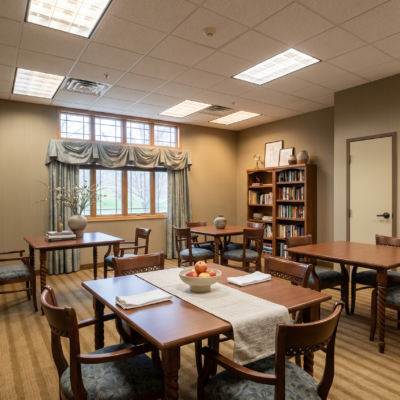 A cozy common area with several wooden tables and chairs, a large window with curtains, a bookshelf filled with books, and decorative items on top. The room has a warm, inviting atmosphere with soft lighting.