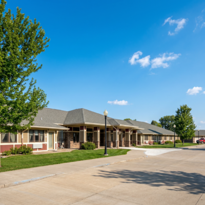 A single-story care center building with a gray roof, brick and siding exterior, surrounded by green lawns and trees, under a bright blue sky with a few clouds.