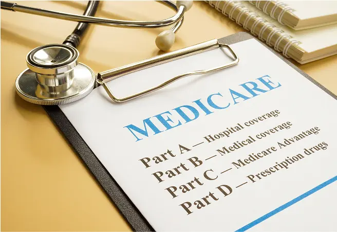 A clipboard holding a Medicare document titled 